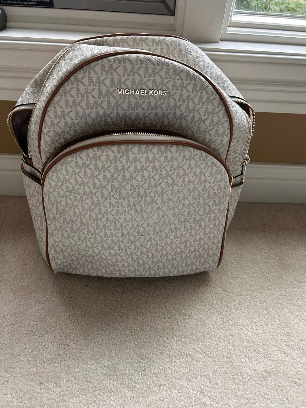 Michael Kors Cream and Brown MK Logo Backpack